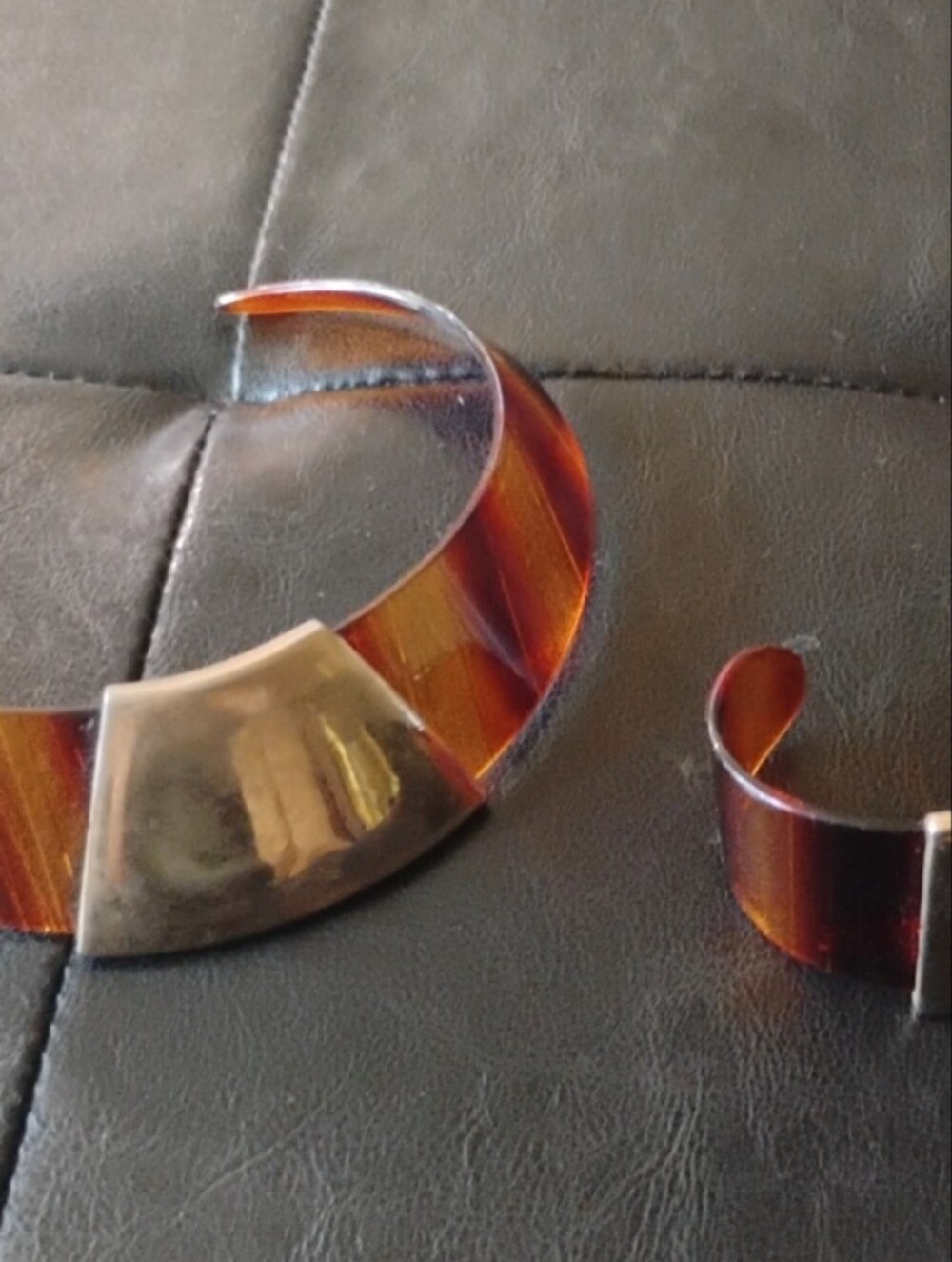 Vintage Tortoiseshell Resin Cuff Bracelet & Choker Set - Brown and Gold Accent